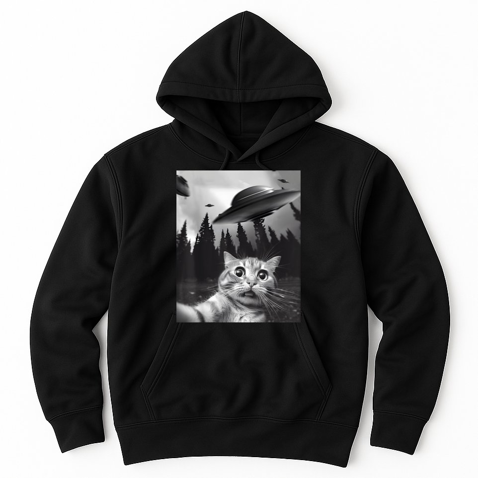 Alien UFO Funny Cat Selfie Hoodie