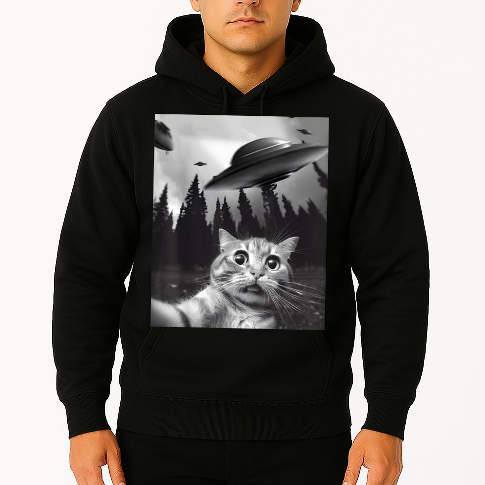 Alien UFO Funny Cat Selfie Hoodie