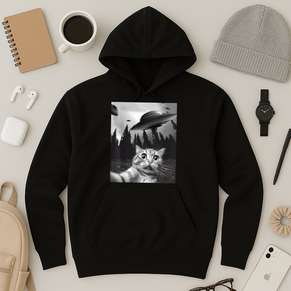 Alien UFO Funny Cat Selfie Hoodie