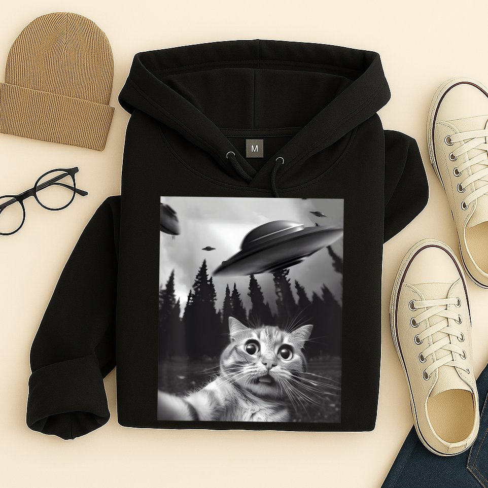 Alien UFO Funny Cat Selfie Hoodie