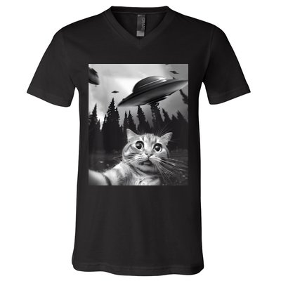 Alien UFO Funny Cat Selfie V-Neck T-Shirt