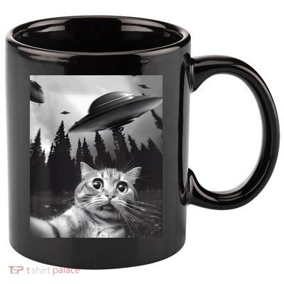 Alien UFO Funny Cat Selfie 11oz C Handle Ceramic Mug