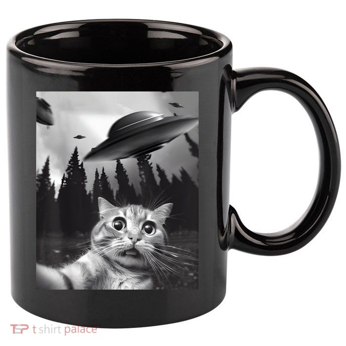 Alien UFO Funny Cat Selfie 11oz C Handle Ceramic Mug