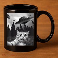 Alien UFO Funny Cat Selfie 11oz C Handle Ceramic Mug