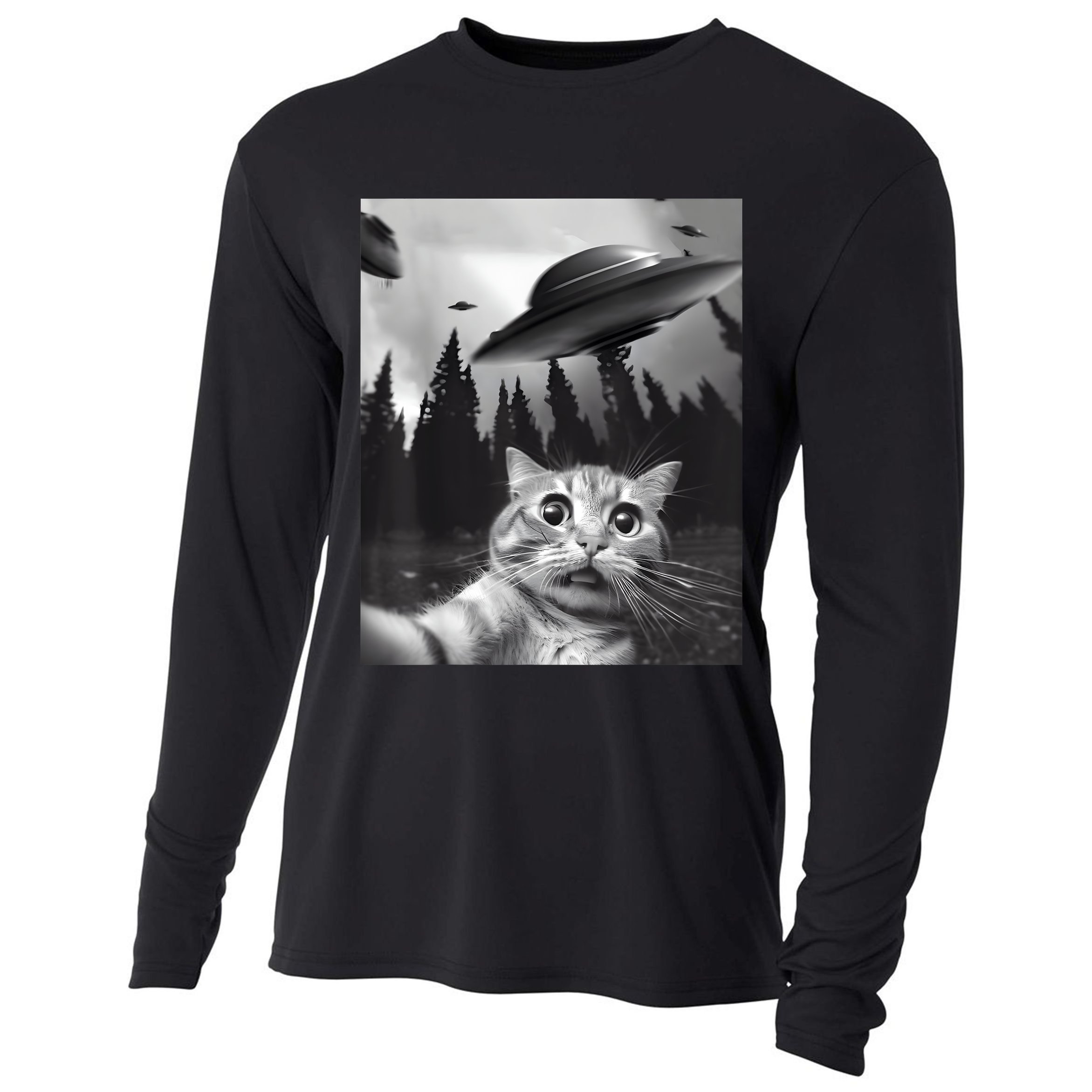 Alien UFO Funny Cat Selfie Cooling Performance Long Sleeve Crew