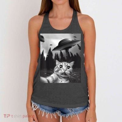 Alien UFO Funny Cat Selfie Women's Knotted Racerback Tank