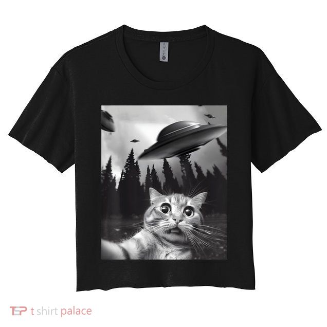Alien UFO Funny Cat Selfie Crop Top