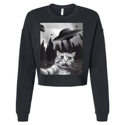 Alien UFO Funny Cat Selfie Cropped Pullover Crew