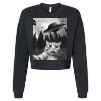 Alien UFO Funny Cat Selfie Cropped Pullover Crew