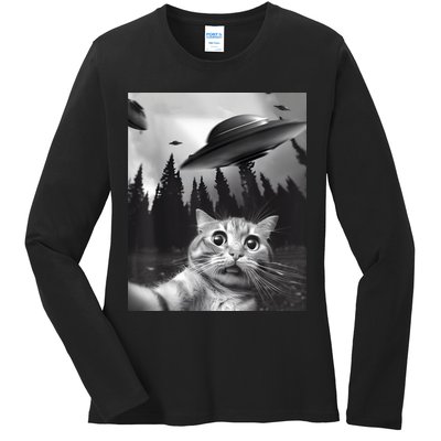 Alien UFO Funny Cat Selfie Ladies Long Sleeve Shirt