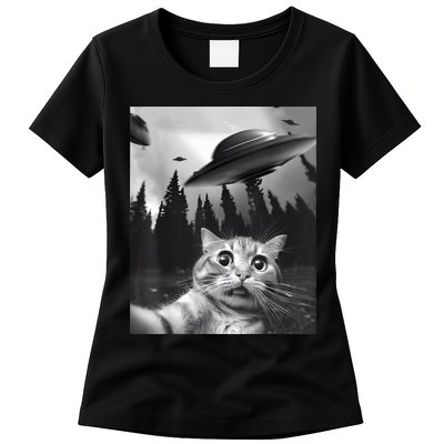 Alien UFO Funny Cat Selfie Womens T-Shirt