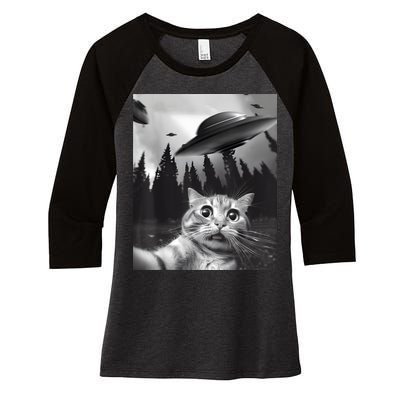 Alien UFO Funny Cat Selfie Women's Tri-Blend 3/4-Sleeve Raglan Shirt