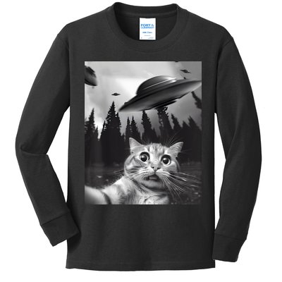 Alien UFO Funny Cat Selfie Kids Long Sleeve Shirt