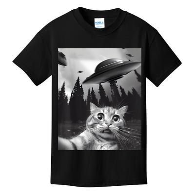 Alien UFO Funny Cat Selfie Kids T-Shirt