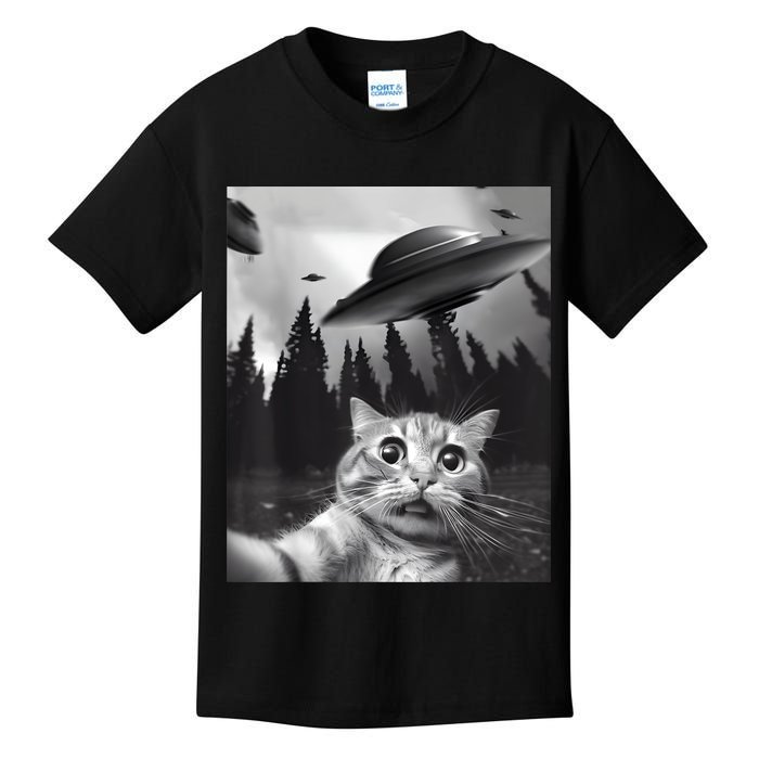 Alien UFO Funny Cat Selfie Kids T-Shirt