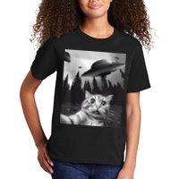Alien UFO Funny Cat Selfie Kids T-Shirt