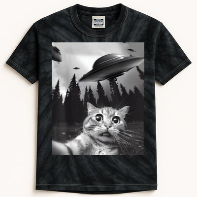 Alien UFO Funny Cat Selfie Kids Tie-Dye T-Shirt