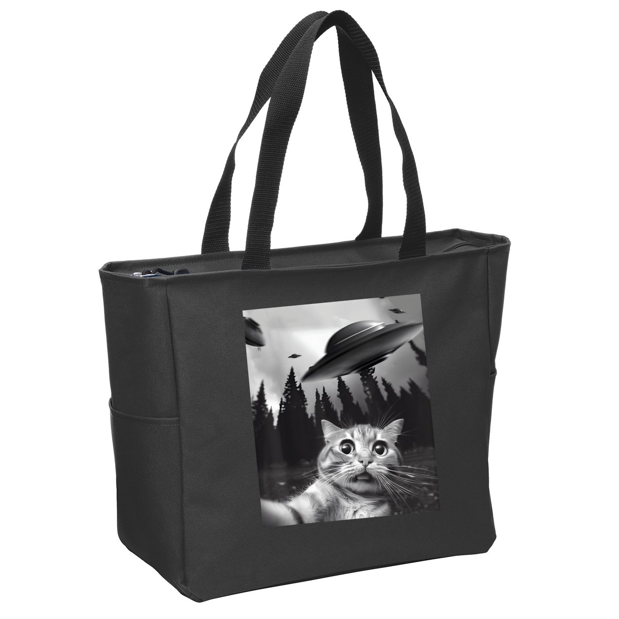 Alien UFO Funny Cat Selfie Zip Tote Bag
