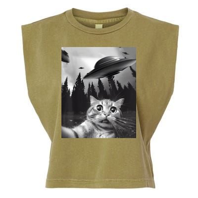 Alien UFO Funny Cat Selfie Garment-Dyed Women's Muscle Tee