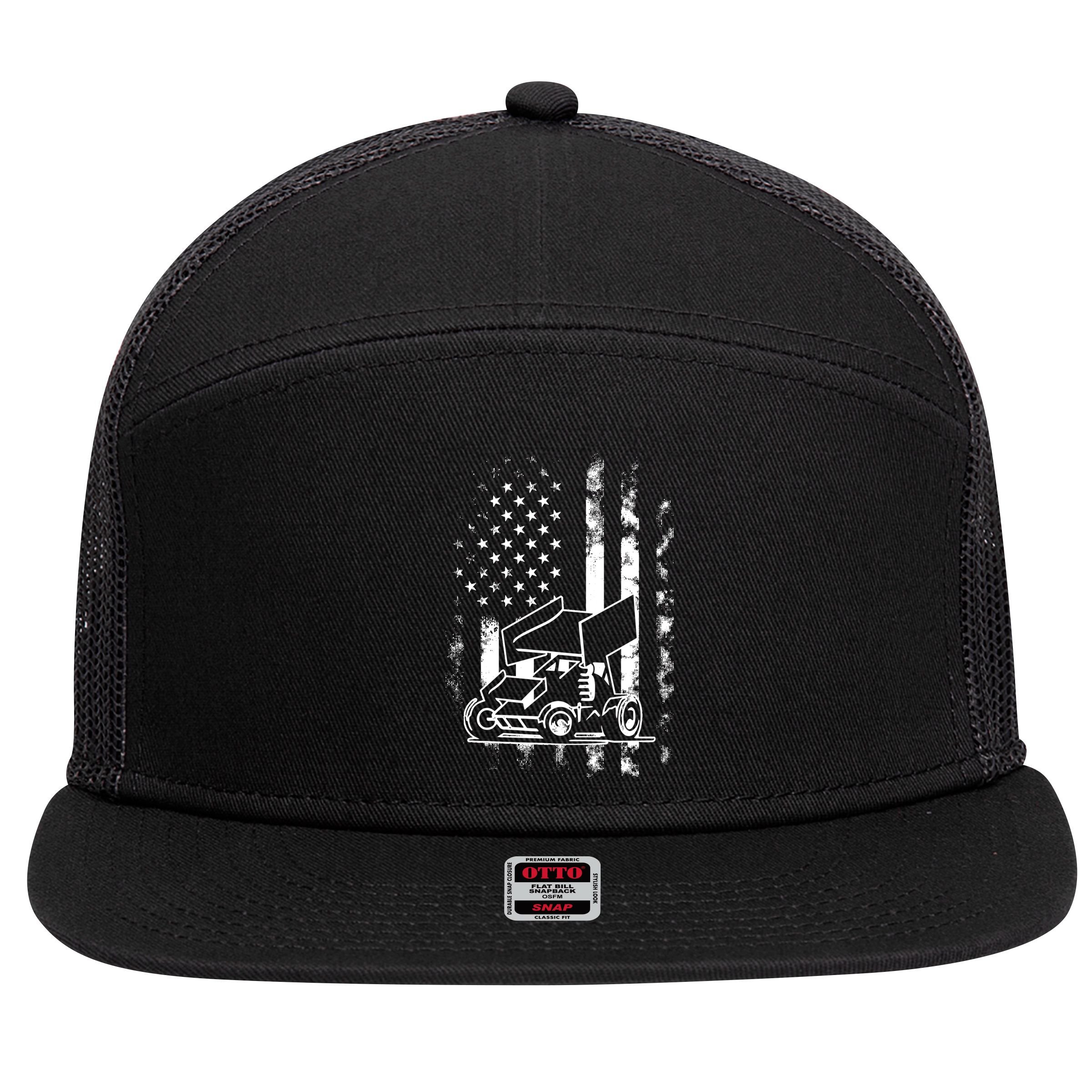American Us Flag Sprint Car Racing Gift 7 Panel Mesh Trucker Snapback Hat