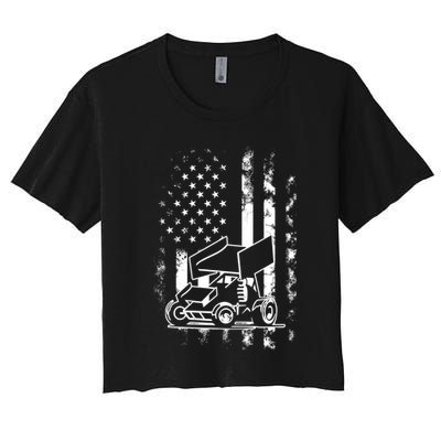 American Us Flag Sprint Car Racing Gift Women's Crop Top Tee