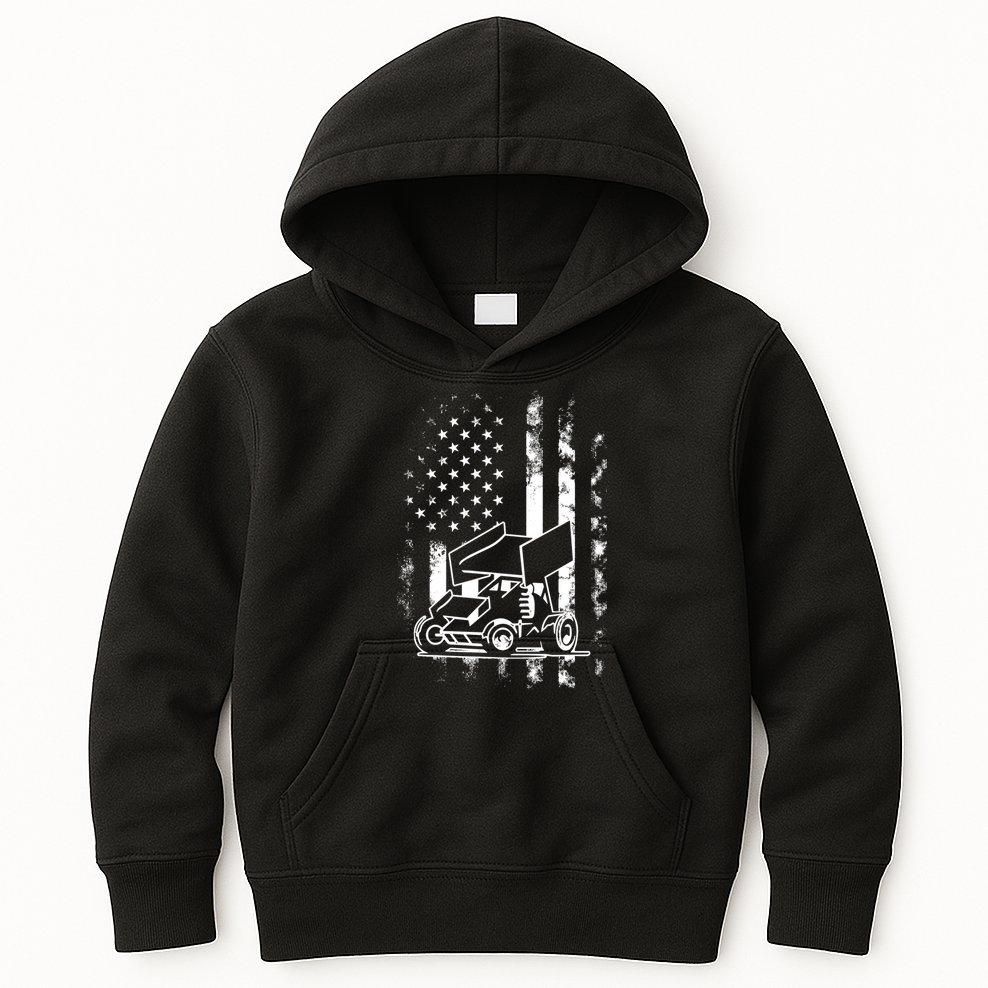 American Us Flag Sprint Car Racing Gift Kids Hoodie