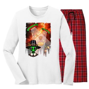 Aliens Unidentified Flying Object Thanksgiving Roast Turkeys Women's Long Sleeve Flannel Pajama Set 