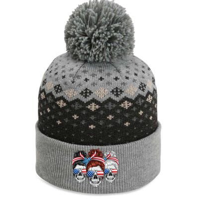 American Usa Flag Messy Bun Skull Mom 4th Of July Cute Gift The Baniff Cuffed Pom Beanie