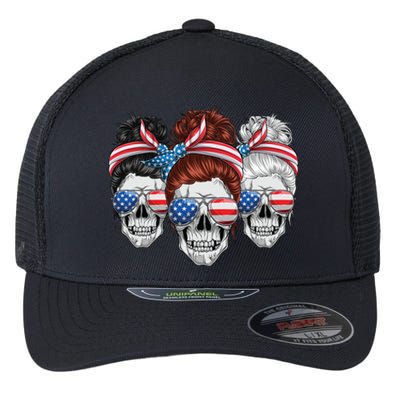 American Usa Flag Messy Bun Skull Mom 4th Of July Cute Gift Flexfit Unipanel Trucker Cap