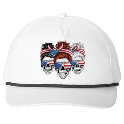 American Usa Flag Messy Bun Skull Mom 4th Of July Cute Gift Snapback Five-Panel Rope Hat