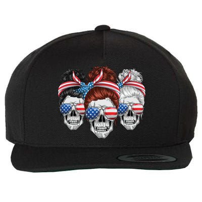 American Usa Flag Messy Bun Skull Mom 4th Of July Cute Gift Wool Snapback Cap