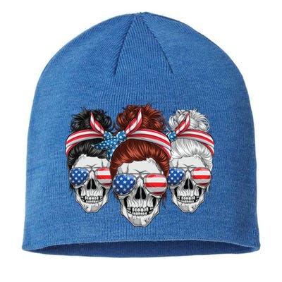 American Usa Flag Messy Bun Skull Mom 4th Of July Cute Gift Sustainable Beanie