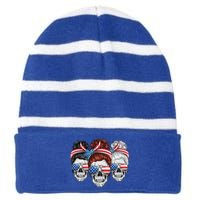 American Usa Flag Messy Bun Skull Mom 4th Of July Cute Gift Striped Beanie with Solid Band