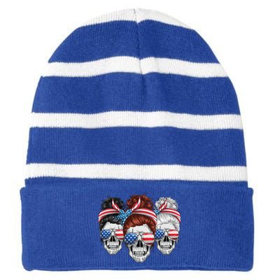 American Usa Flag Messy Bun Skull Mom 4th Of July Cute Gift Striped Beanie with Solid Band