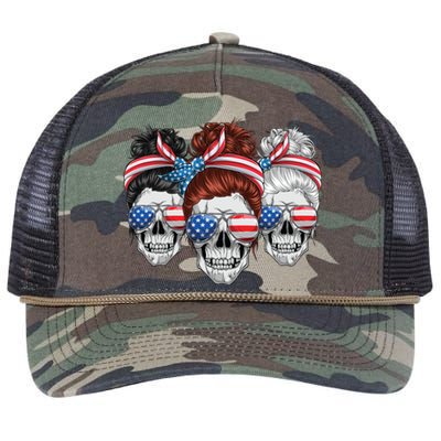 American Usa Flag Messy Bun Skull Mom 4th Of July Cute Gift Retro Rope Trucker Hat Cap