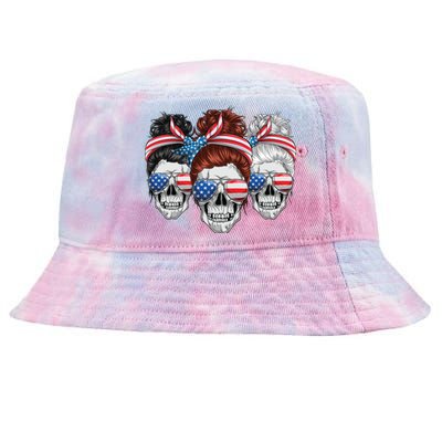 American Usa Flag Messy Bun Skull Mom 4th Of July Cute Gift Tie-Dyed Bucket Hat