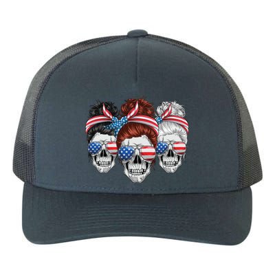 American Usa Flag Messy Bun Skull Mom 4th Of July Cute Gift Yupoong Adult 5-Panel Trucker Hat