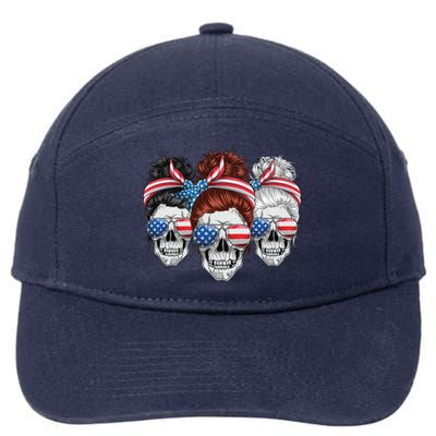 American Usa Flag Messy Bun Skull Mom 4th Of July Cute Gift 7-Panel Snapback Hat