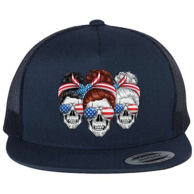 American Usa Flag Messy Bun Skull Mom 4th Of July Cute Gift Flat Bill Trucker Hat