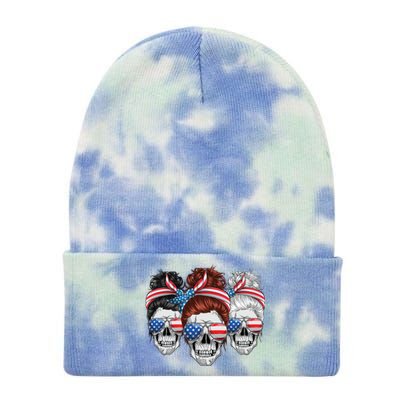 American Usa Flag Messy Bun Skull Mom 4th Of July Cute Gift Tie Dye 12in Knit Beanie