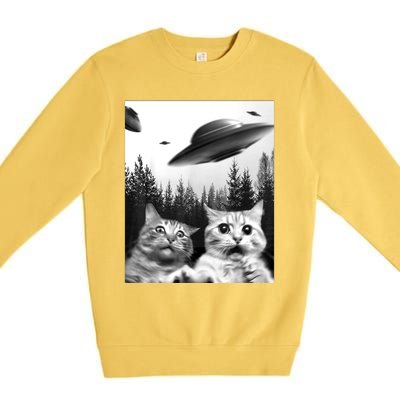 Alien UFO Funny Cat Selfie Premium Crewneck Sweatshirt