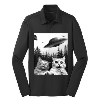 Alien UFO Funny Cat Selfie Silk Touch Performance Long Sleeve Polo