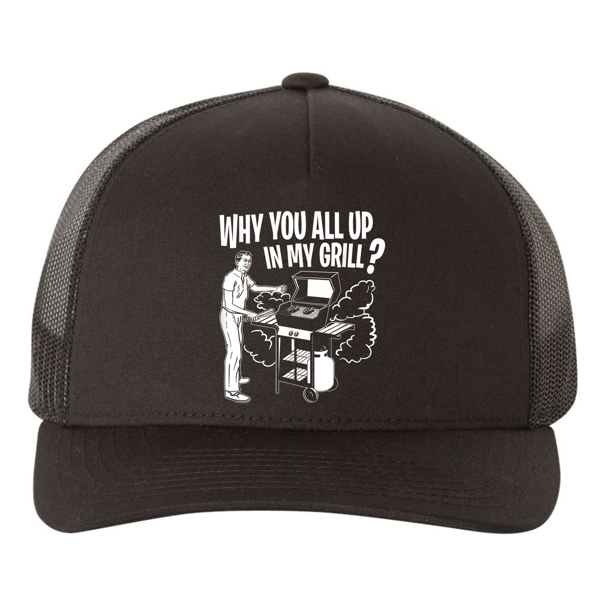 All Up In My Grill Barbecue BBQ Smoker Father's Day Yupoong Adult 5-Panel Trucker Hat