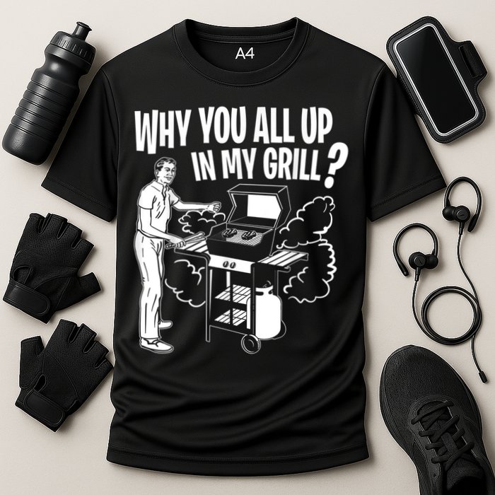 All Up In My Grill Barbecue BBQ Smoker Father's Day Cooling Performance Crew T-Shirt