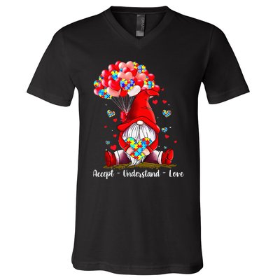 Accept Understand Love Autism Awareness Gnome Valentine V-Neck T-Shirt