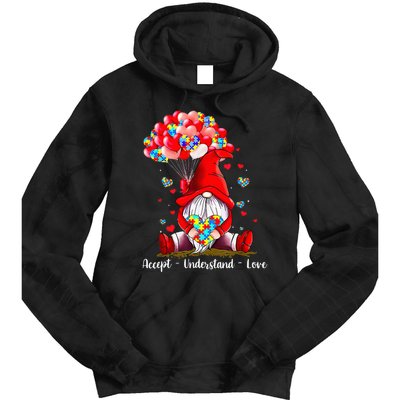 Accept Understand Love Autism Awareness Gnome Valentine Tie Dye Hoodie