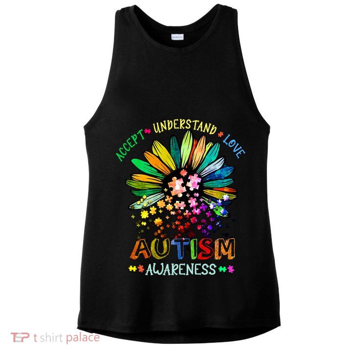 Accept Understand Love Autism Awareness Sunflower Puzzle Pieces Ladies PosiCharge Tri-Blend Wicking Tank