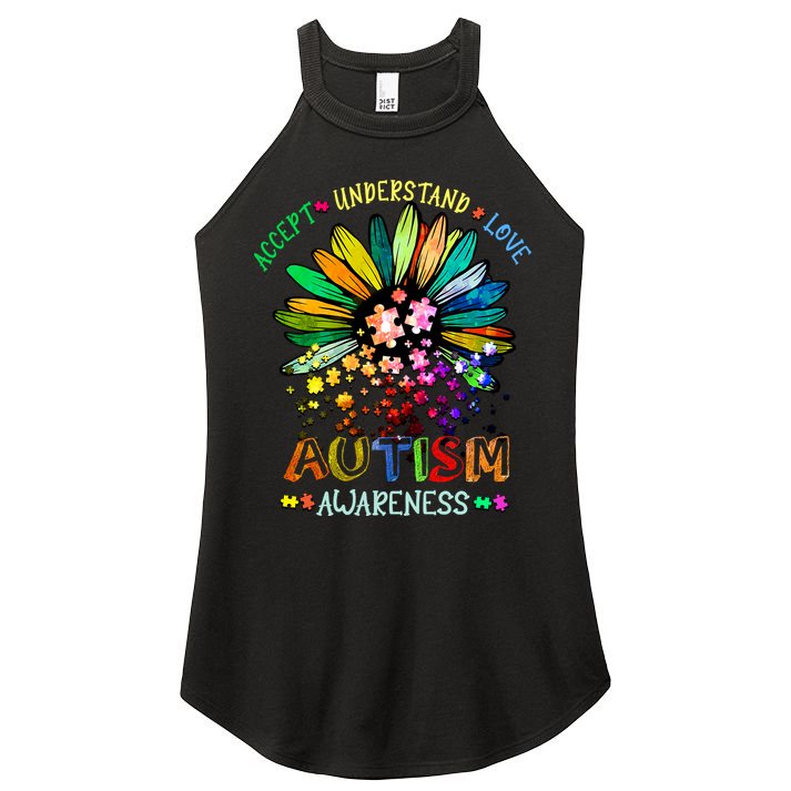 Accept Understand Love Autism Awareness Sunflower Puzzle Pieces Women's Perfect Tri Rocker Tank
