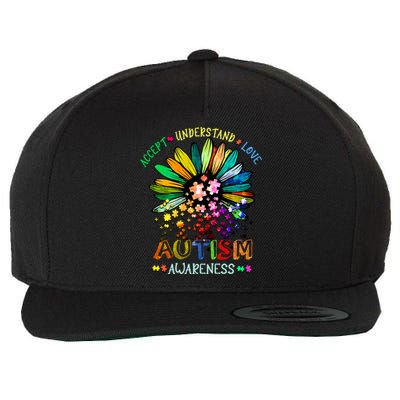 Accept Understand Love Autism Awareness Sunflower Puzzle Pieces Wool Snapback Cap