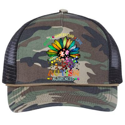 Accept Understand Love Autism Awareness Sunflower Puzzle Pieces Retro Rope Trucker Hat Cap